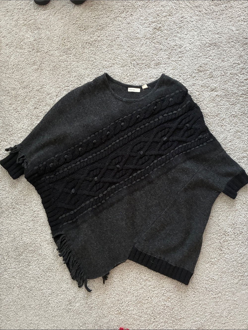 Anthropologie Charcoal Cable-Knit Poncho with Fringe
